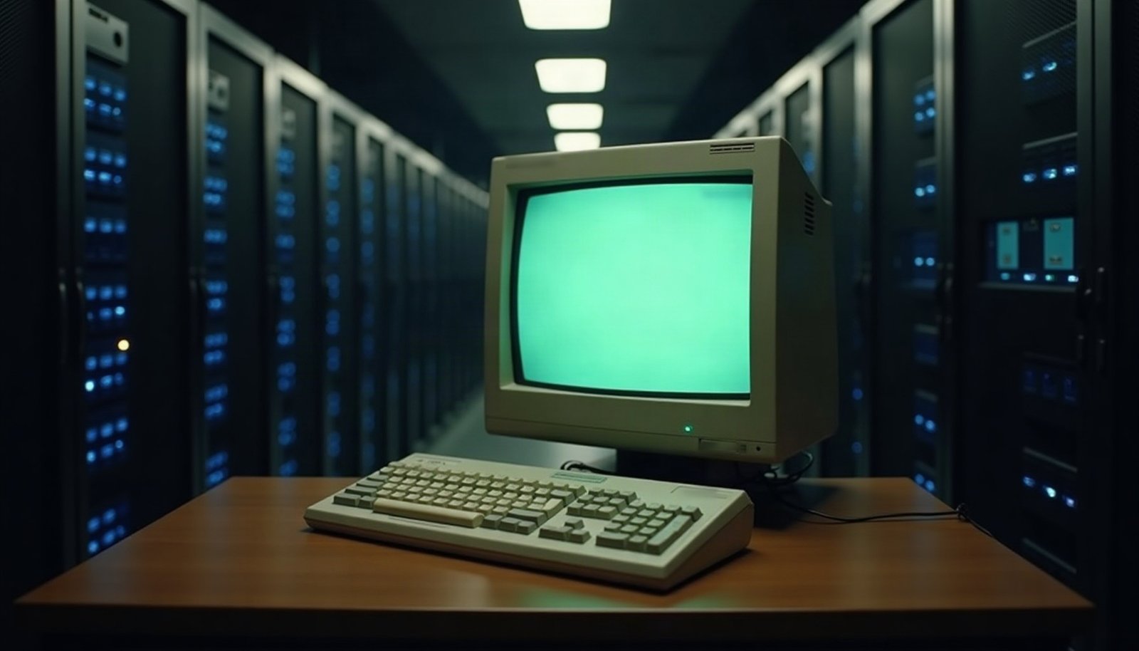 Staged illustration of the column’s subject: a 1990s-style CRT monitor and keyboard on a desk between the server racks of a data center. Not a photograph of a real place