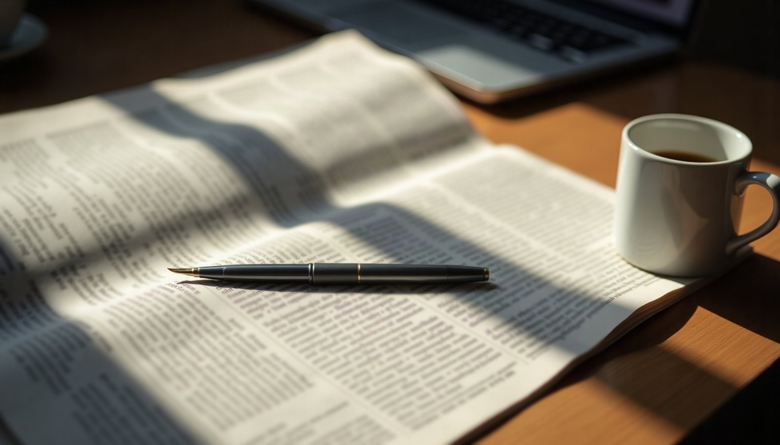 Staged illustration of joining a newspaper’s opinion pages: a newspaper open on a desk in morning light, with a fountain pen lying on it and a cup of coffee beside it. Not a photograph of the actual page