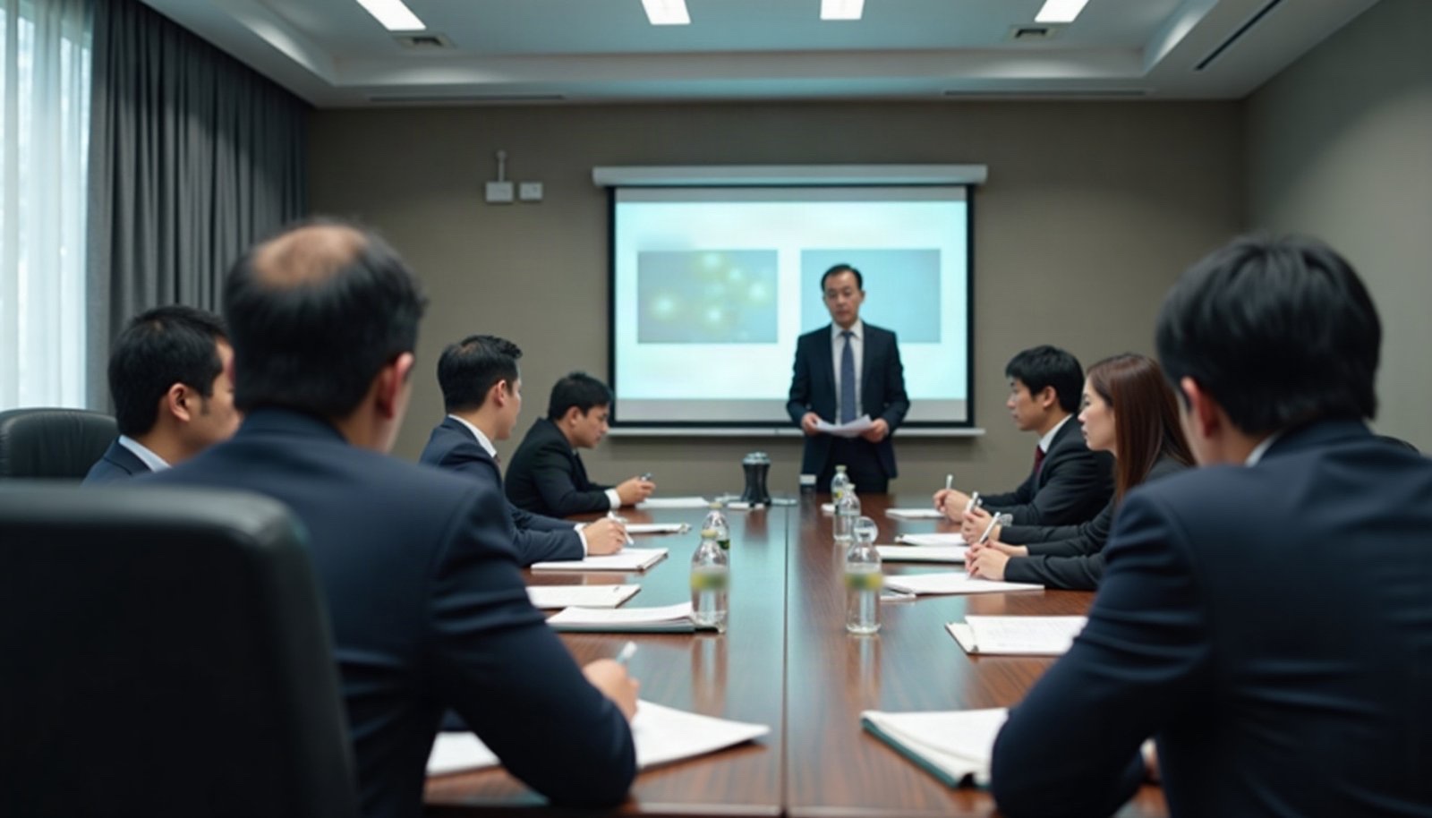 Staged illustration of a proposal evaluation committee: evaluators at a long table reading proposal documents while a presenter explains a bid on the screen at the front of the room. Not a photograph of an actual GBSA evaluation