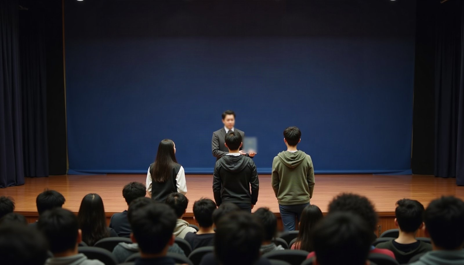대학 창업동아리 워크숍 시상식을 그린 연출 이미지. 객석 뒤에서 본 무대 위에 세 사람이 뒷모습으로 서 있고 시상자가 상패를 건네며 객석에서 박수를 보낸다. 실제 행사를 찍은 사진은 아니다