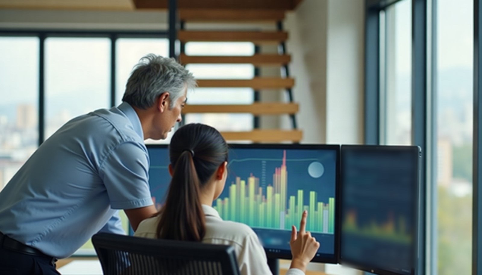 Staged illustration of the column’s subject: a new employee working at a monitor in an office while a senior colleague looks at the screen with them and offers advice. The staircase behind them stands for the career ladder. Not a photograph of real people